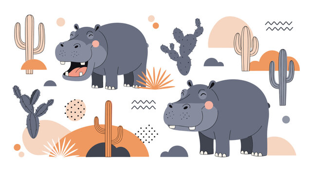 Playful illustration of cute hippos in a desert setting with cacti and abstract geometric shapes in a warm earthy color palette.