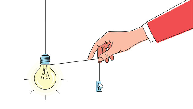 Human hand pulling a string switch to turn on a light bulb symbolizing ideas, energy conservation, and starting something new.