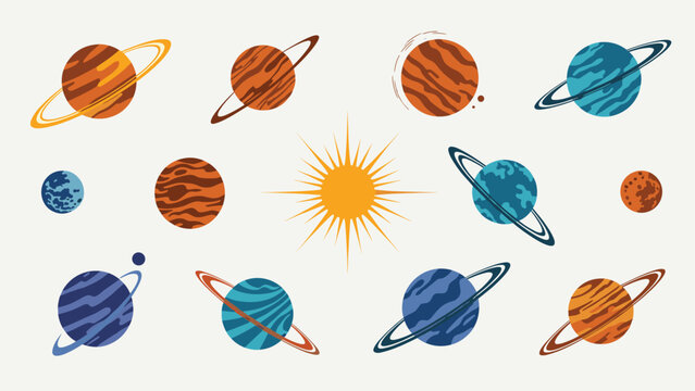 Educational illustration of the solar system planets including the sun and various planetary bodies in a flat graphic design style.