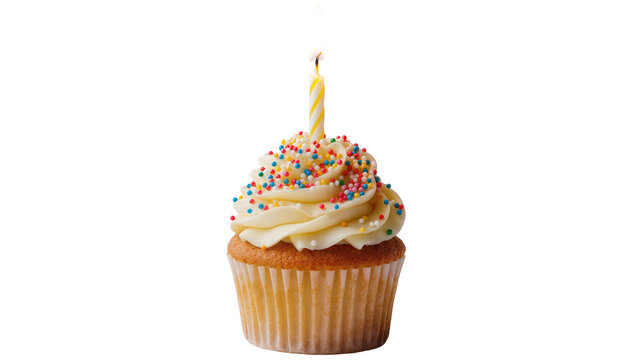 Vanilla cupcake with yellow candle and colorful sprinkles, isolated on transparent background