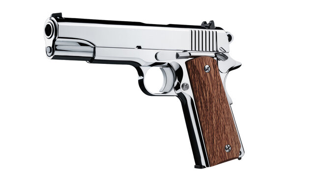Shiny chrome handgun with polished wood grips, isolated on transparent background