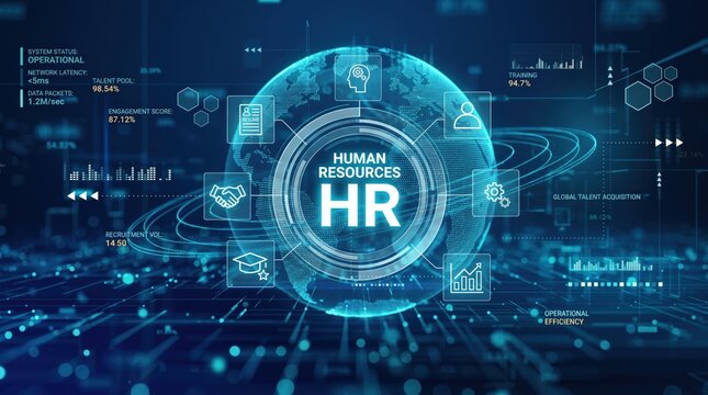 Human resources HR futuristic interface with global talent acquisition icons, recruitment data visualization, employee engagement metrics