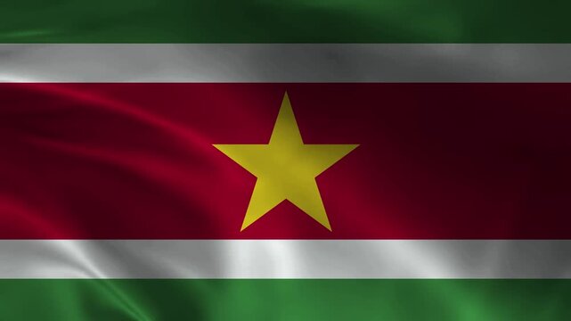 Suriname flag animation with realistic fabric texture and dramatic lighting