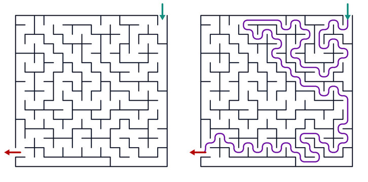 Maze puzzle with outlined solution path in modern design  