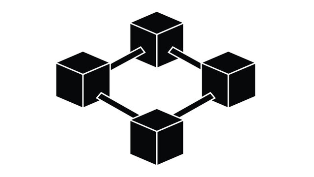 Blockchain technology concept icon representing a decentralized data network with interconnected black cubes on white background.