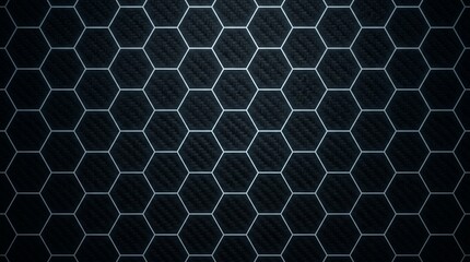 Fototapeta premium Abstract dark carbon fiber background with glowing blue hexagonal grid pattern