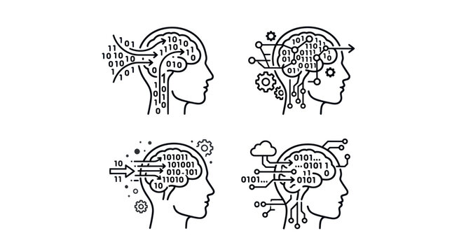 Binary code and mechanical gear brain AI icon set.