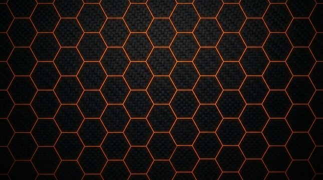 Abstract dark background with glowing orange neon hexagon grid pattern, futuristic honeycomb texture, digital technology design wallpaper