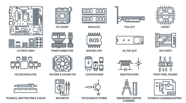 Computer motherboard hardware components and technical icons.
