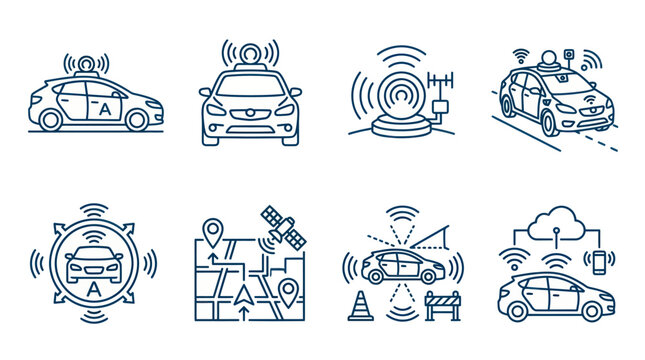 Connected vehicle and smart transportation IoT icon set.