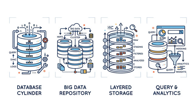 Database architecture and big data storage system diagram icons.
