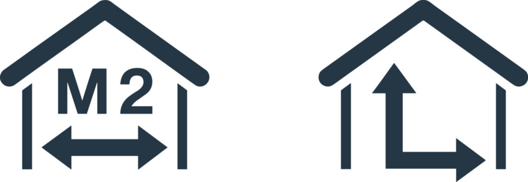 House icons showing square meters and dimensions for real estate home property