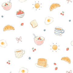 Watercolor Cottagecore Breakfast Seamless Pattern with Cozy Morning Food Elements © Zenina-Lembrik