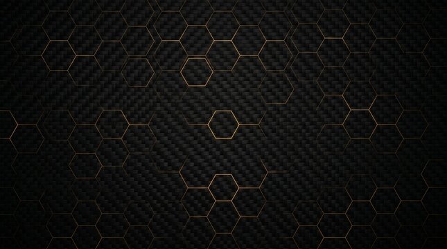 Abstract dark carbon fiber background with golden glowing hexagonal pattern