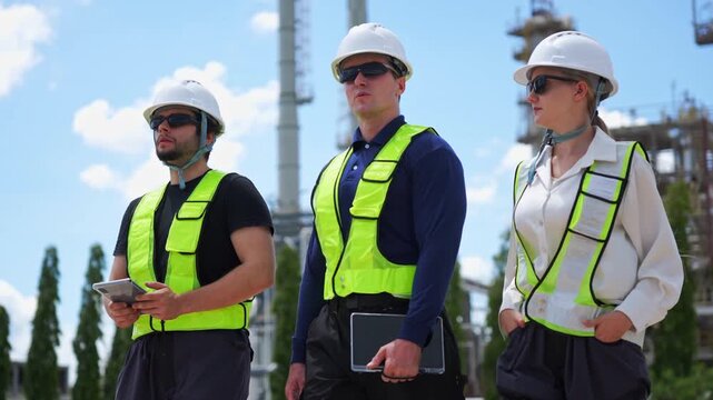 Industrial engineer walking and inspecting equipment at oil refinery plant, Team of technicians doing site inspection at oil and gas facility, Engineers walking through industrial oil refinery complex