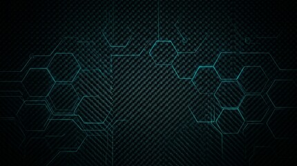 Obraz premium Abstract technology background with carbon fiber texture and glowing blue hexagonal circuit board patterns