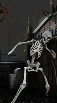 Seamless vertical video of skeleton dancing salsa in a cemetery at night. Funny halloween background.