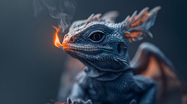 Small dragon exhaling flame in soft blurred background