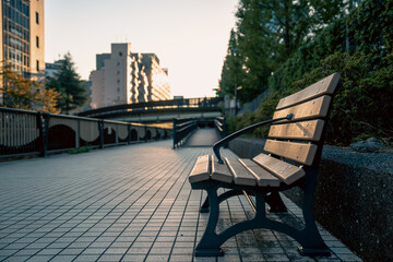 Wooden bench on a quiet city promenade in warm evening light © kodai