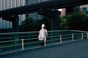 Musician carrying a cello case walking under an expressway © kodai