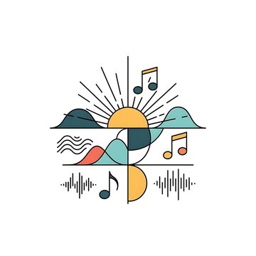 Colorful cartoon sun with musical notes and rays.