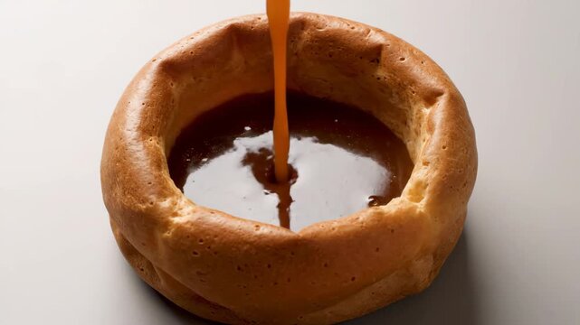 Pouring rich gravy into crispy yorkshire pudding classic english roast dinner