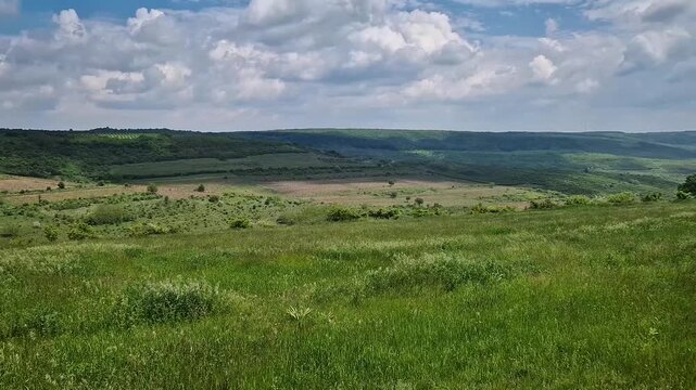 A vast green meadow rolls across a scenic Moldovan valley under a bright, cloudy sky. Sprawling agricultural fields, dense distant forests, and green hillsides. Rural landscape of patchwork plains