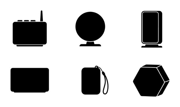 Set of 6 Black Electronic Device Silhouettes, Audio Speakers, Gadgets, Technology Icons for Web and App Design