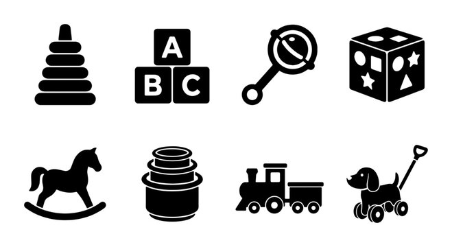 Classic Baby Toys Vector Icons Set: Stacking Rings, Blocks, Rattle, Horse, Train, Dog, Cube
