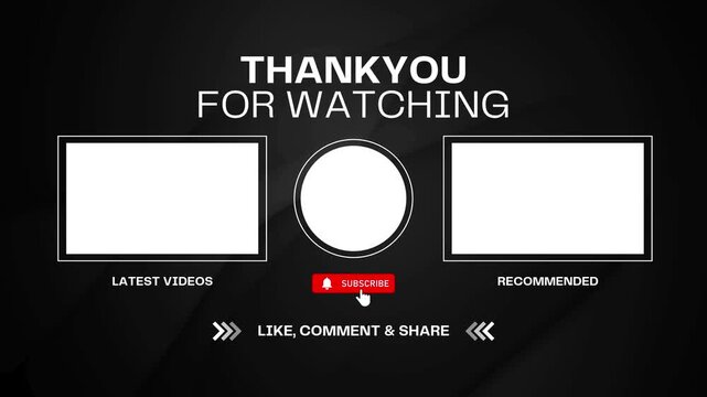 Modern YouTube end screen template to boost engagement. Includes subscribe button, placeholders for latest & recommended videos, and a clear call to action for likes, comments, and shares. Essential