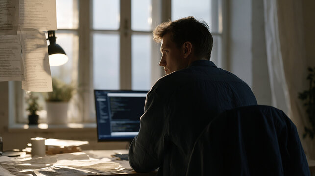Malware reverse engineer seated alone in a dimly lit lab surrounded by printed hexadecimal code sheets, isolated workstation with decompiler software visible, minimalist