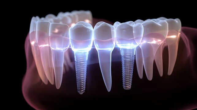 A futuristic dental implant process with a soft glowing effect
