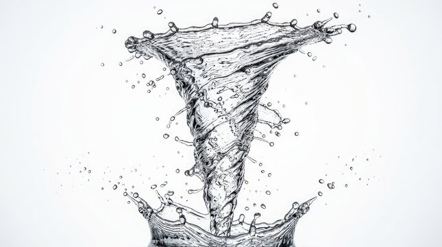 Water Vortex and Droplets Splashing From Inverted Cone Shape on Plain Background