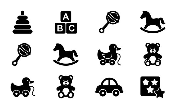 Vector Toy Icons Set: Stacking Rings, ABC Blocks, Rattles, Rocking Horses, Rubber Ducks, Teddy Bears, Cars, and Stars