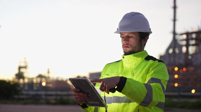 Industrial engineer using walkie talkie and tablet at oil refinery plant, Technician reporting progress at oil and gas facility, Oil refinery worker coordinating operations via radio communication