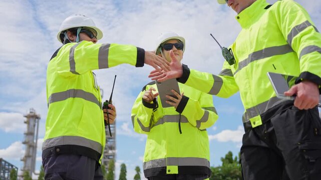 Successful partnership agreement at petrochemical plant during site inspection, Diverse professional engineers team shaking hands at oil and gas refinery