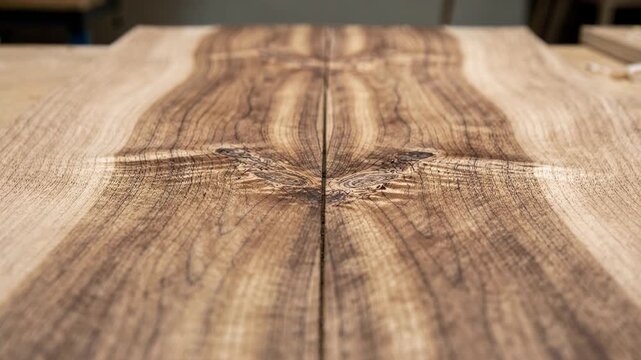 Closeup medium shot of bookmatched veneer strips arranged symmetrically to create mirrored wood grain patterns in the splicing process.
