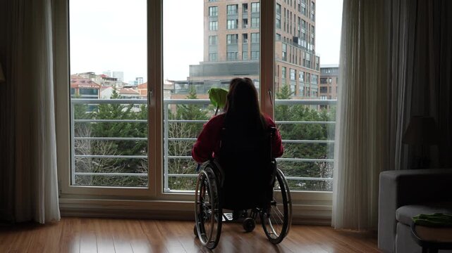 Woman in Wheelchair Cleaning Large Window With Extended Squeegee at Home