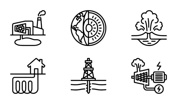 Geothermal Energy Icons, Earth Core Cross-section, Volcano Eruption, Home Heating System, Drilling Rig, Power Plant Generation