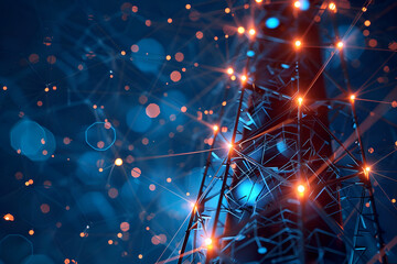Obraz premium Telecom tower illuminated with glowing network nodes closeup