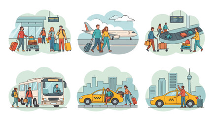 Fototapeta premium Vector illustrations depicting people traveling by plane, bus, and taxi, showcasing various travel scenarios at airports, stations, and city streets