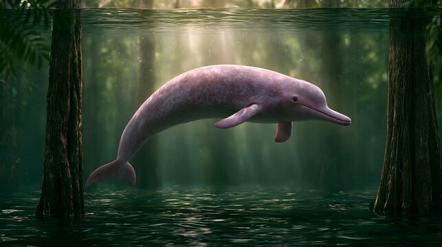 Pink Amazon River Dolphin Swimming Through Flooded Rainforest Interior