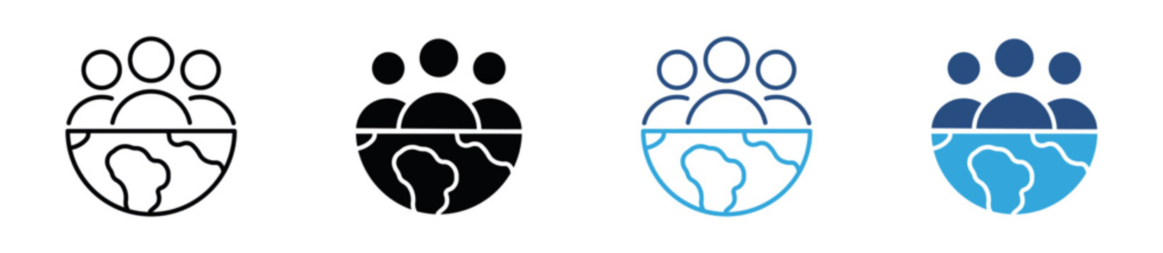 Community Globe Icon Set. Global Network, Social Connection and Worldwide Community Icons. Vector Illustration.