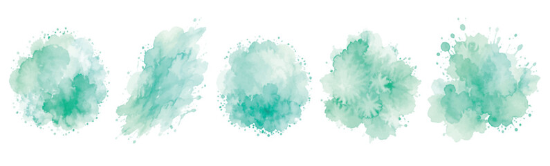 Set of abstract mint green watercolor water splash on a white background. Vector watercolour texture in mint color. Ink paint brush stain. Green splatter spot. Watercolor pastel splash © liana