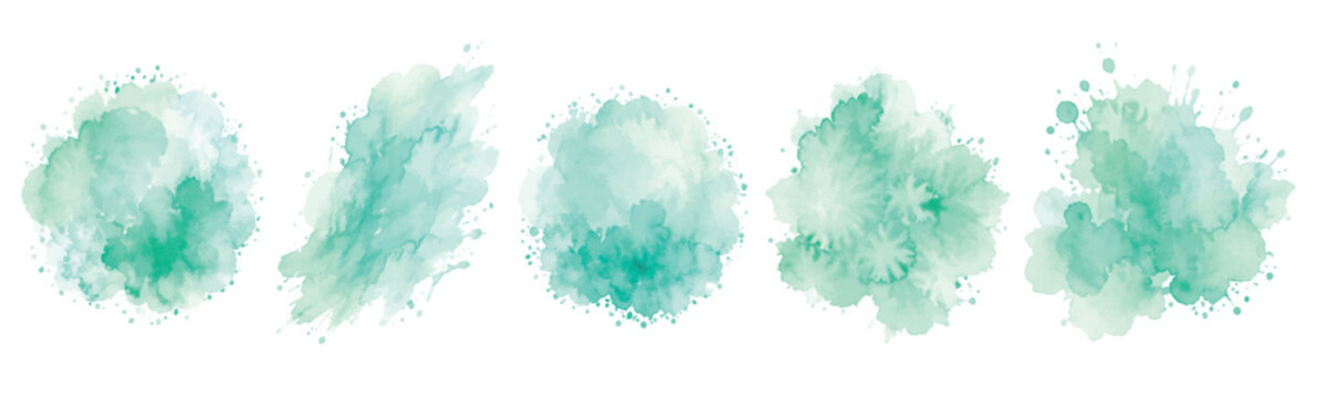 Set of abstract mint green watercolor water splash on a white background. Vector watercolour texture in mint color. Ink paint brush stain. Green splatter spot. Watercolor pastel splash