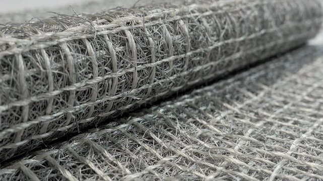 Closeup medium shot capturing continuous filaments bonded into durable geotextile sheets highlighting strength and texture for construction applications.