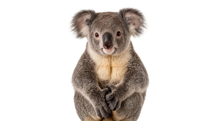 Fototapeta premium Fluffy grey koala with cream chest sitting with paws crossed, isolated on transparent background