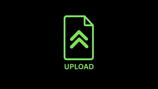 Animated file upload icon with kinetic typing text on a black background, cloud storage backup concept loop.