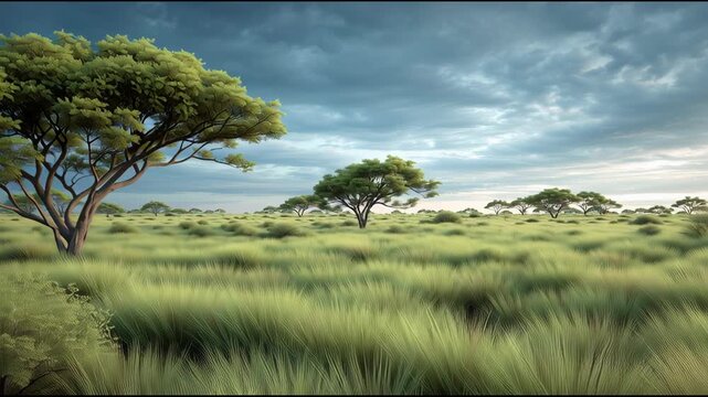 Lush green savanna landscape with scattered trees under wide cloudy sky, realistic natural geography scene, no logo
