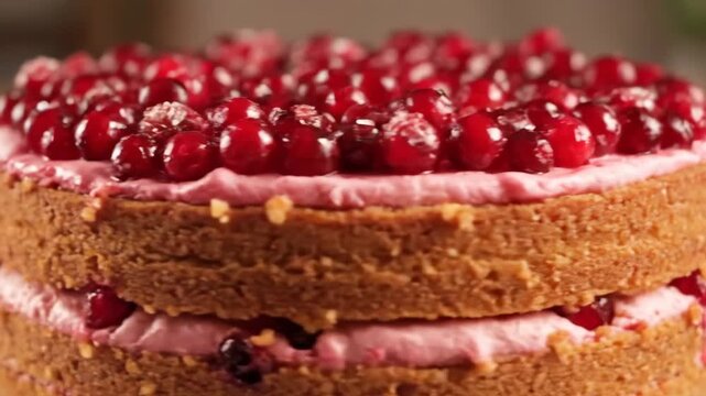 Delicious homemade layered cake with pink buttercream and rich sponge, beautifully decorated with fresh, vibrant red pomegranate arils and sparkling sugar crystals.